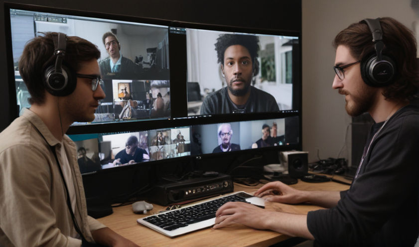 Two musicians collaborating remotely via video conferencing, demonstrating the inclusive nature of communication technology in music production.