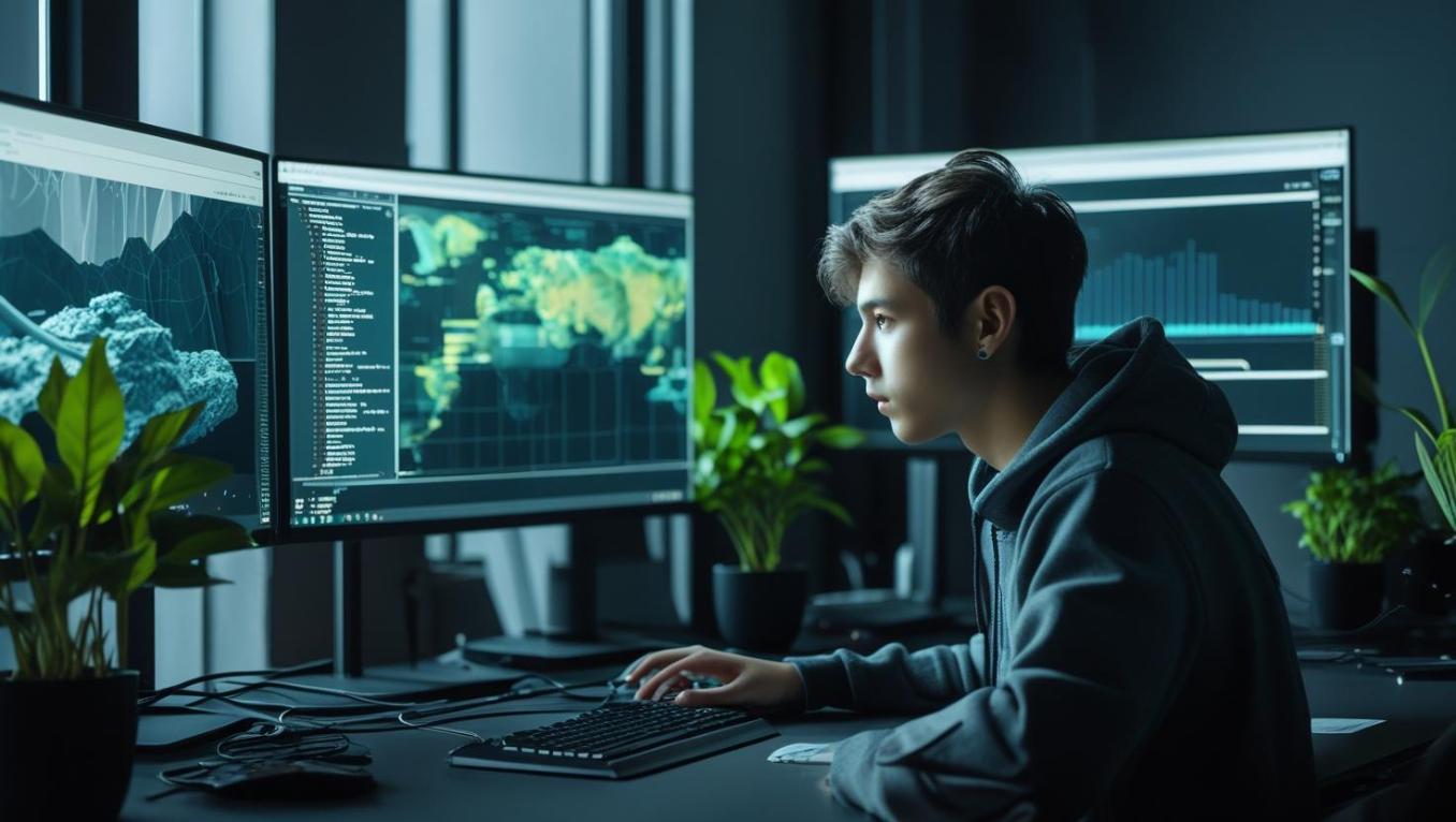 Young developer at workstation analyzing terrain data with plants nearby, late-night lighting.