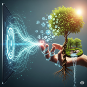 A wireframe, digital hand is reaching down into a field of glowing spheres that represent followers and influence. Above the hand, a digital crown is forming, and the background is a dark, tech-focused digital landscape.