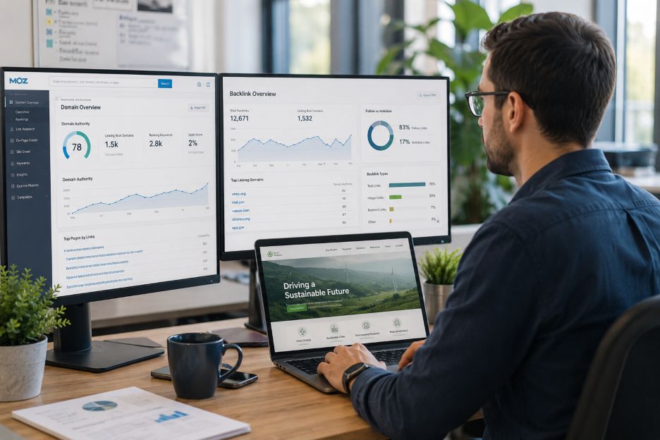 Environmental technology analyst reviewing website authority metrics