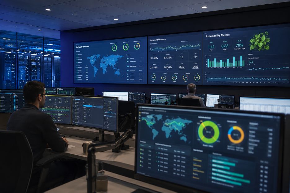 High-tech operations center monitoring network performance